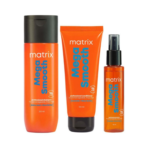 Matrix Mega Smooth Anti-Frizz Trio – Shampoo (200 ML), Conditioner (98 ML) & Serum (100 ML) Enriched with Shea Butter