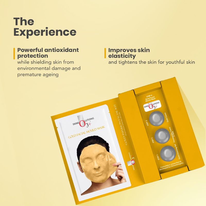 O3+ Professional Gold Infusion Brightening Facial Kit with Peel-Off Mask (45g) – Professional Radiance & Glow Treatment